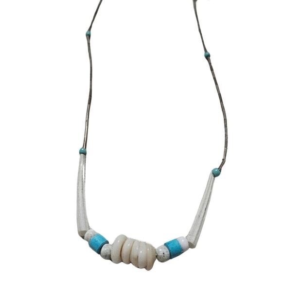 70s Sterling Silver Liquid Beads Turquoise Round Beads Shell Beads Boho Necklace - Picture 4 of 5